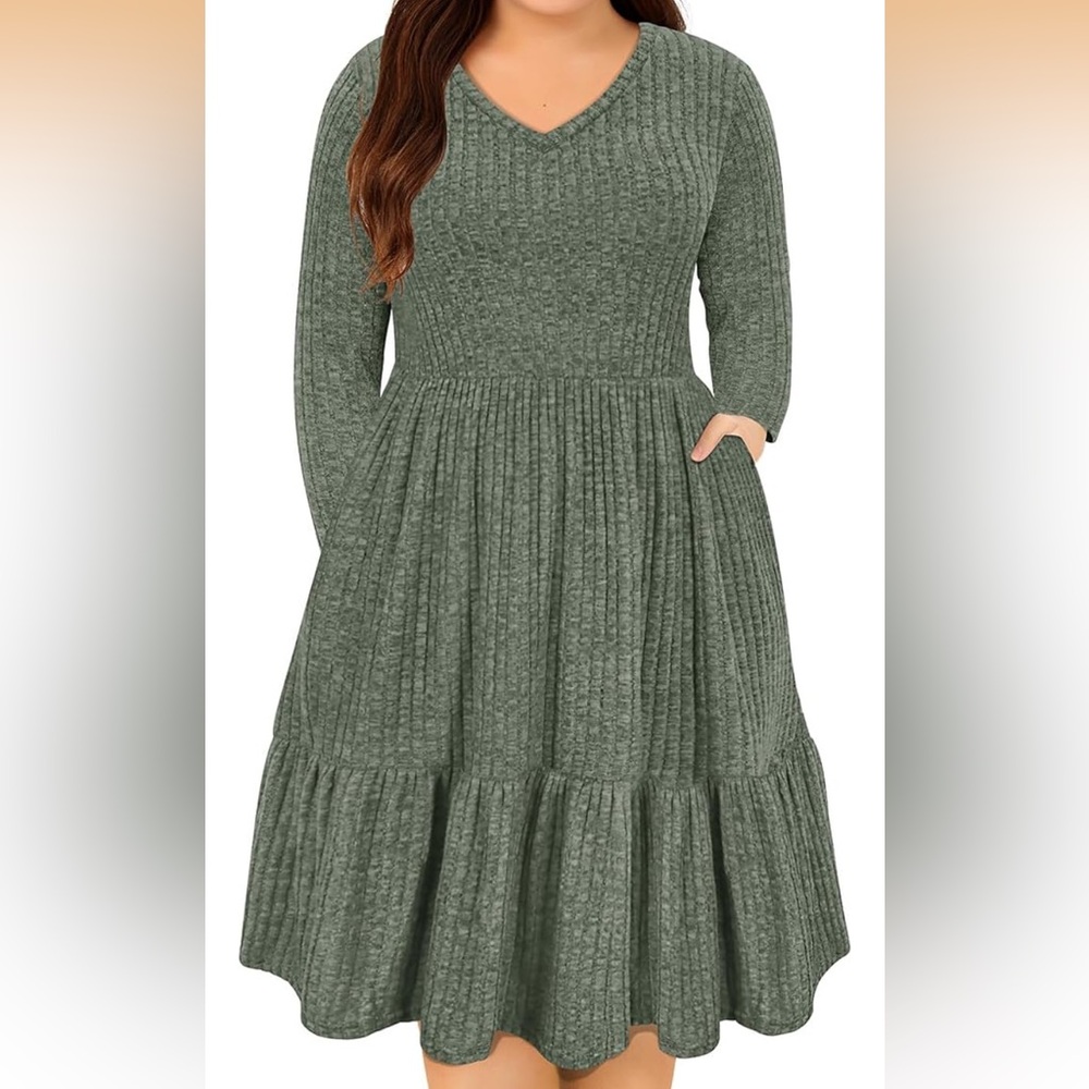 Soft Wide Ribbed Green Long Sleeve Dress